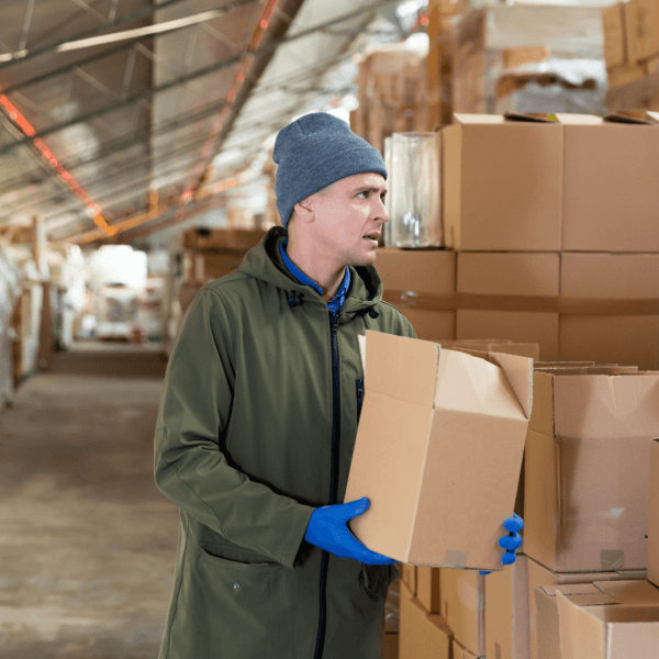 A cold person in a warehouse that does not have underfloor heating